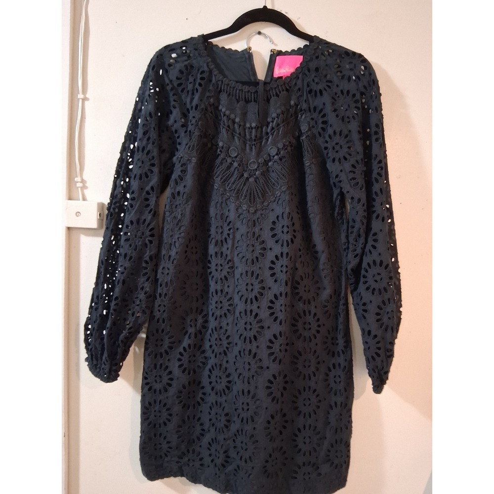 Lilly Pulitzer Black Eyelet Lace Crochet Shift Dress Long Sleeve Size 10